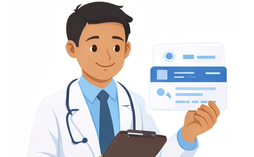 Illustration of a pharmacist reviewing a savings card